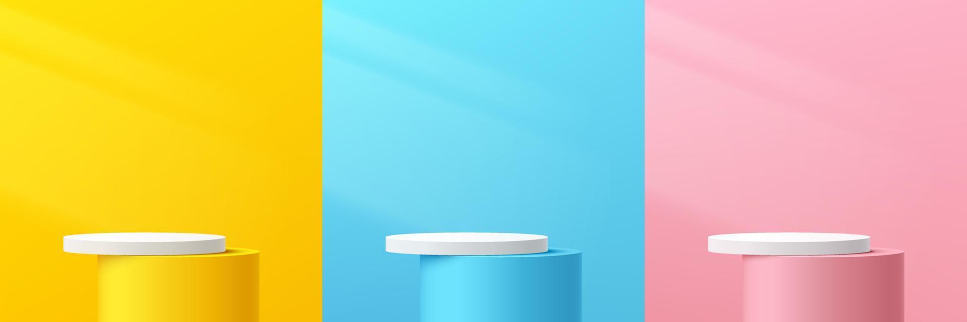 Set of abstract 3D yellow, pink, blue and white cylinder pedestal or podium with lighting. Pastel minimal wall scene collection. Vector rendering geometric platform for product display presentation.