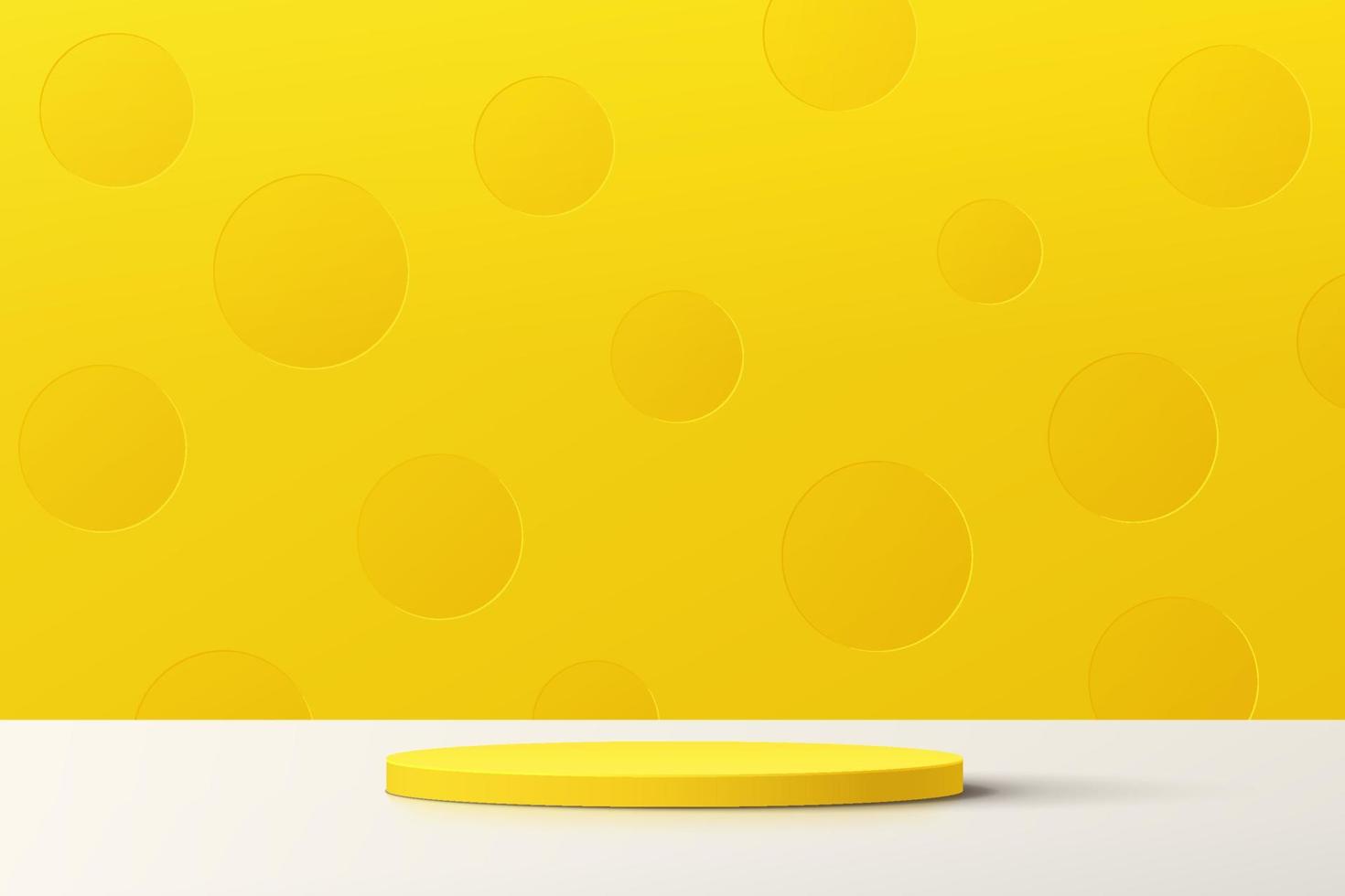 Abstract 3D yellow cylinder pedestal podium with pastel yellow polka dot minimal wall scene. Vector rendering geometric platform design for cosmetics product display presentation.