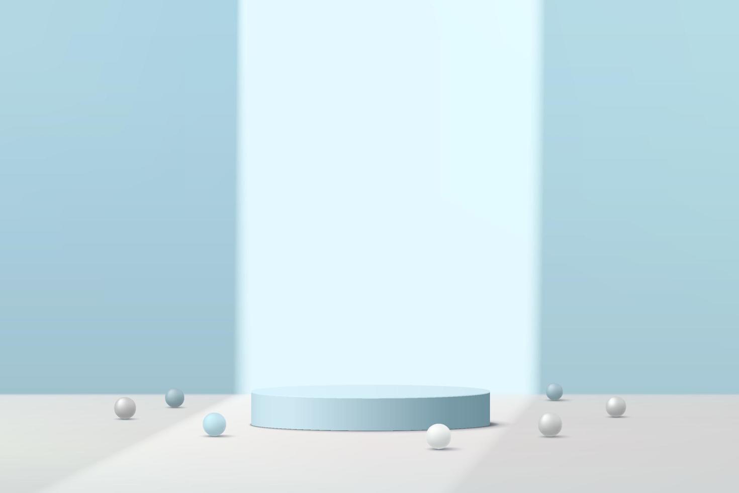 Abstract light blue 3D cylinder pedestal podium with white sphere ball on pastel blue minimal wall scene for cosmetic product display presentation. Vector geometric rendering platform design in shadow