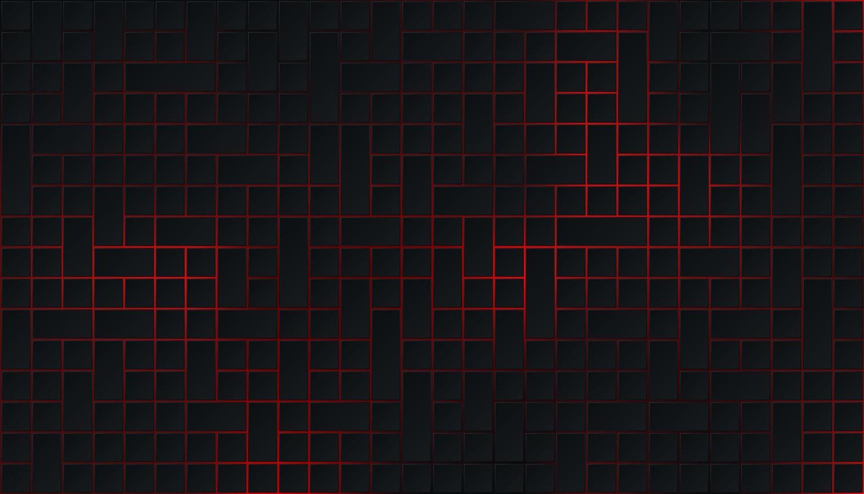 Dark black square pattern on glowing red neon abstract background in technology style. Modern futuristic geometric shape web banner design. You can use for cover template, poster. Vector illustration