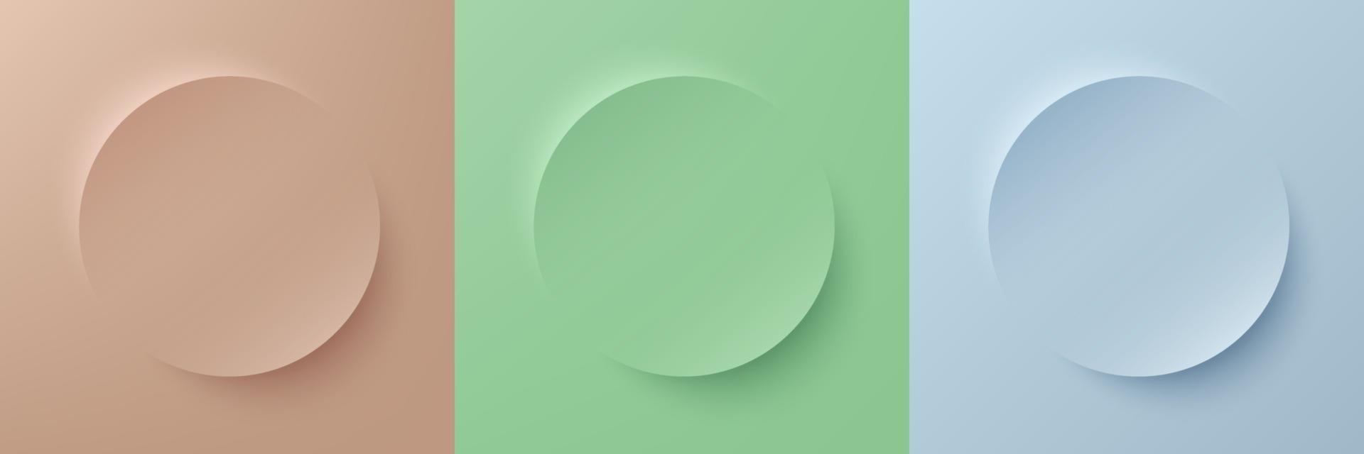 conjunto de diseño de marco de círculo de color pastel abstracto 3d beige, verde claro y azul para productos cosméticos. colección de fondo geométrico de color de moda con espacio de copia. escena de la vista superior. eps10 vectoriales vector