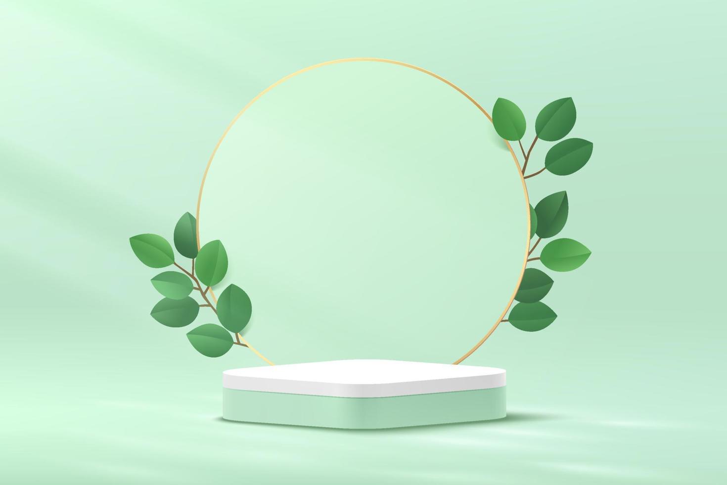 Abstract green and white round corner cube platform podium. Circle backdrop and green leaf. Pastel light green minimal wall scene. Vector rendering 3d shape for cosmetic product display presentation.