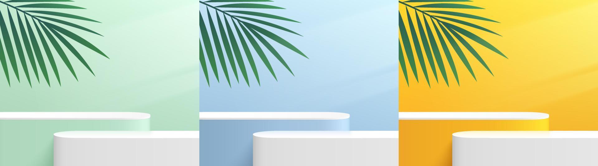 Set of abstract yellow, blue, green, white round platform podium. Window lighting. Green palm leaf. Pastel minimal wall scene collection. Vector rendering 3d shape for product display presentation.