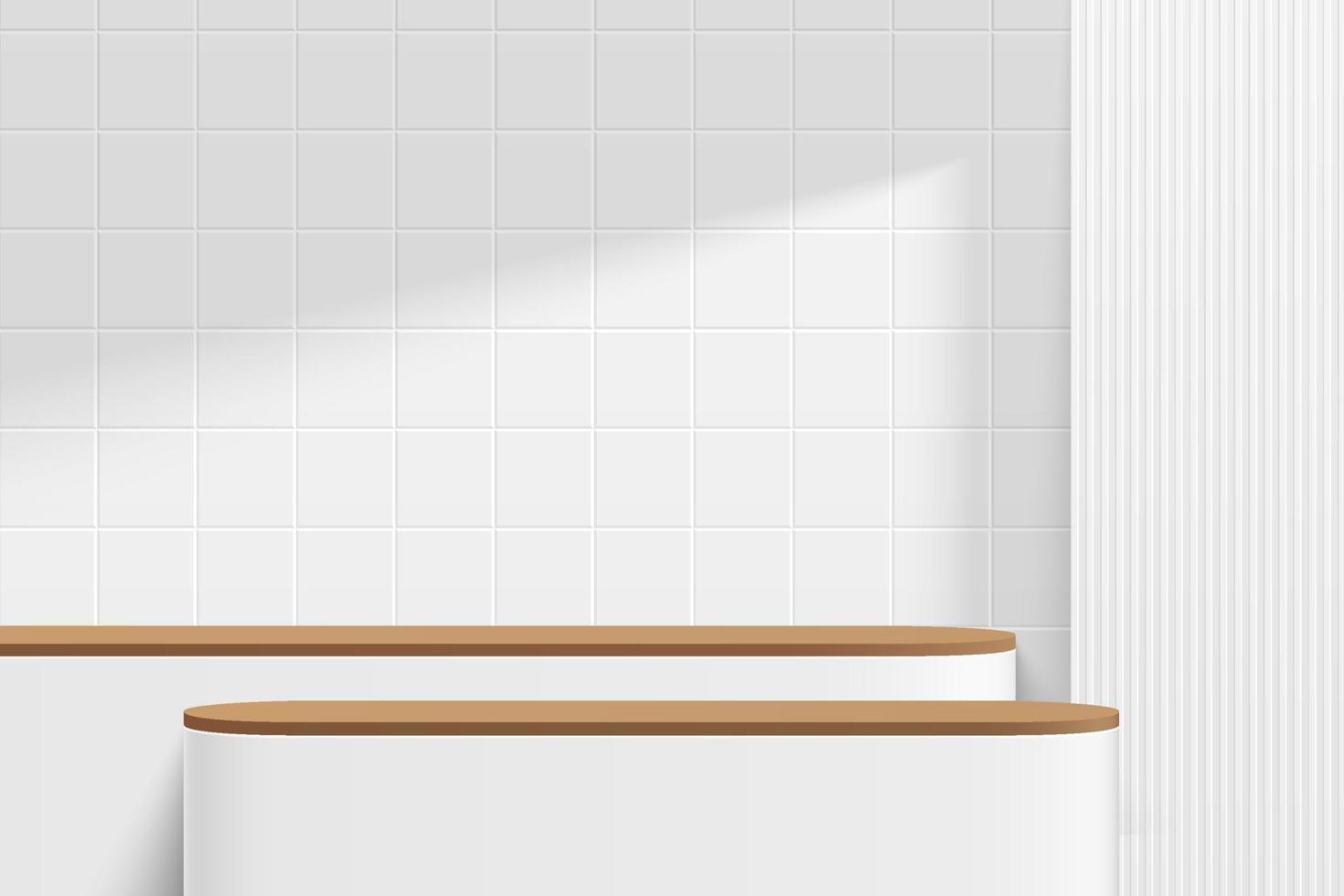 Abstract 3D white and brown wood round pedestal podium or table with white square tile wall scene. Vector rendering minimal geometric platform design in shadow for product display presentation