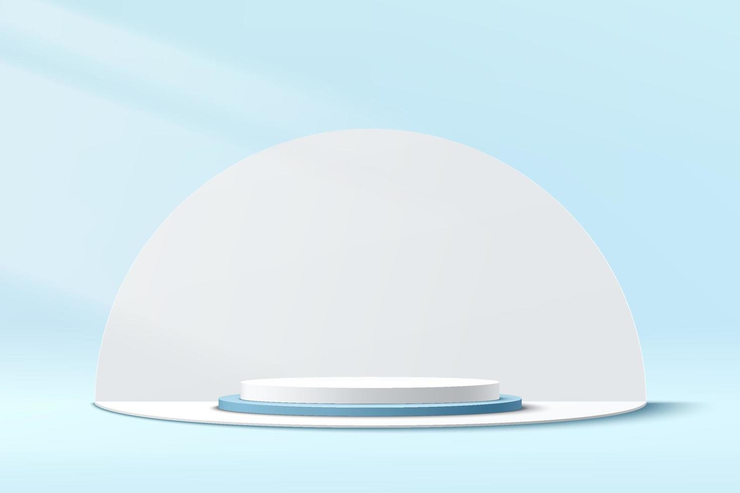 Abstract 3D white and blue cylinder pedestal podium with white semi circle shape backdrop. Pastel blue minimal wall scene for product display presentation. Vector rendering geometric platform design.