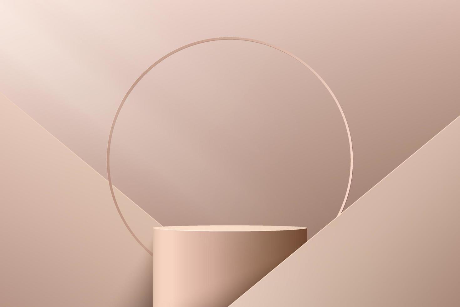 Abstract 3D light brown cylinder pedestal podium with geometric shape and luxury ring backdrop. Beige minimal wall scene. Modern vector rendering geometric platform for cosmetic product presentation.