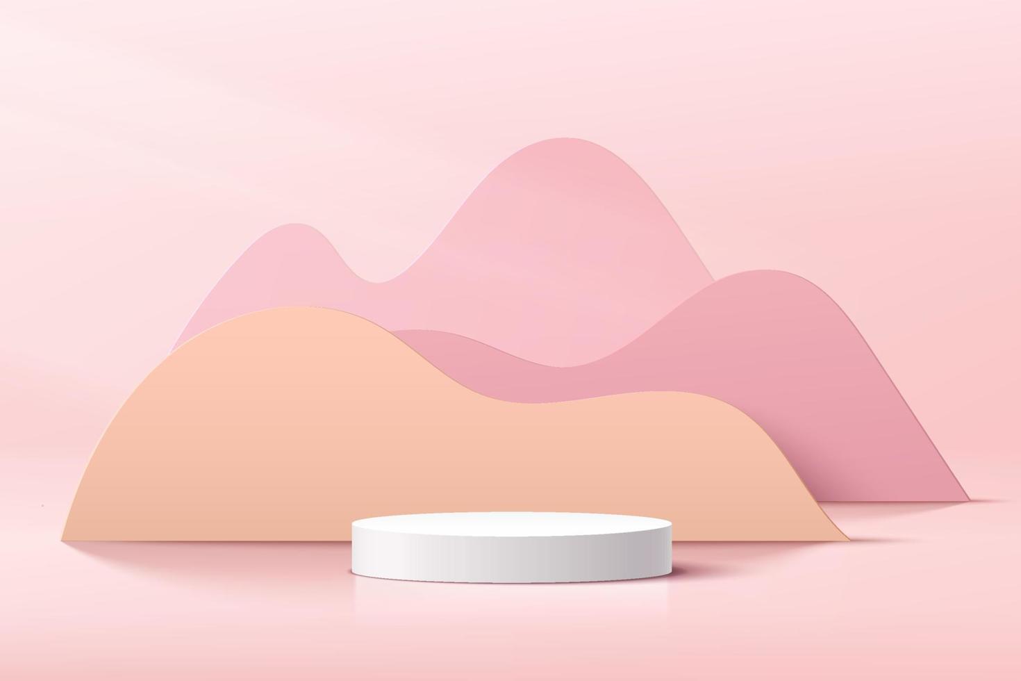 Abstract 3D white cylinder pedestal podium with pastel curve geometric layers backdrop. Light pink minimal wall scene. Modern vector rendering geometric platform for product display presentation.