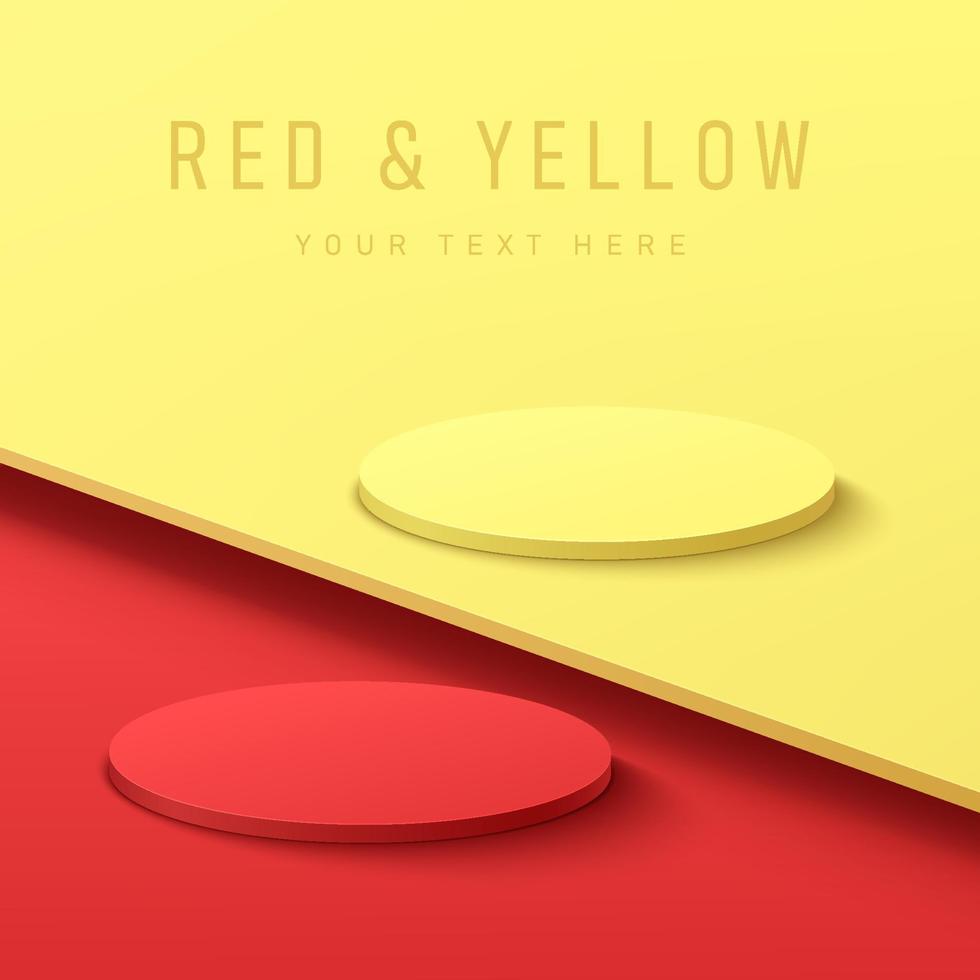 Abstract 3D red and yellow cylinder pedestal podium on red and yellow contrast background with copy space. Vector rendering minimal geometric platform design for cosmetic product display presentation.