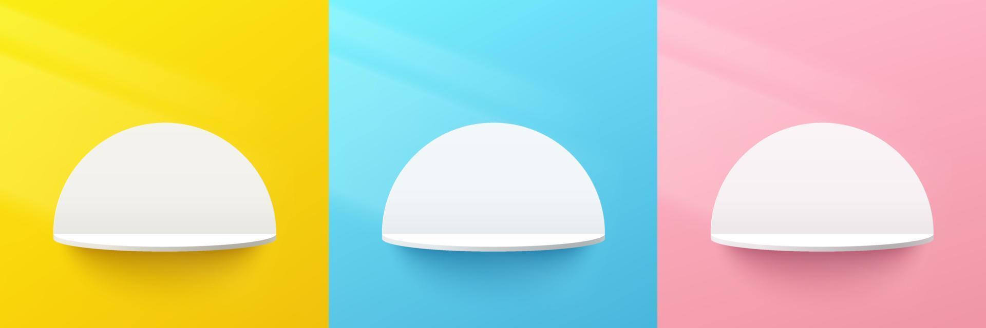 Set of abstract 3d white semi circle shelf or podium on yellow, blue, pink pastel color wall scene with circle backdrop. Vector rendering geometric shape for cosmetic product display presentation.