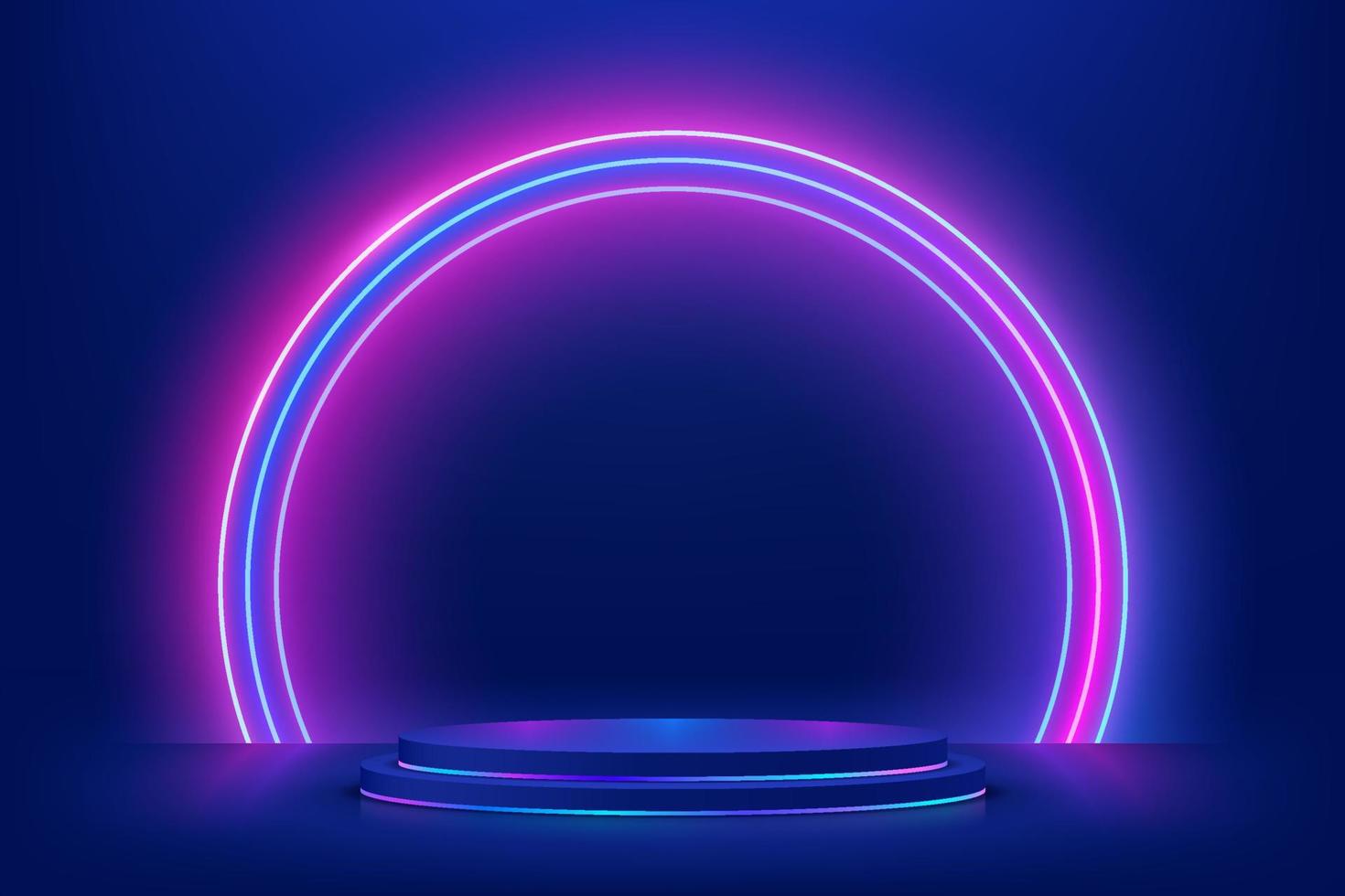 Abstract 3D dark blue cylinder pedestal podium with glowing semicircle neon backdrop. Technology futuristic scene. Sci-fi platform concept. Modern vector rendering for product display presentation