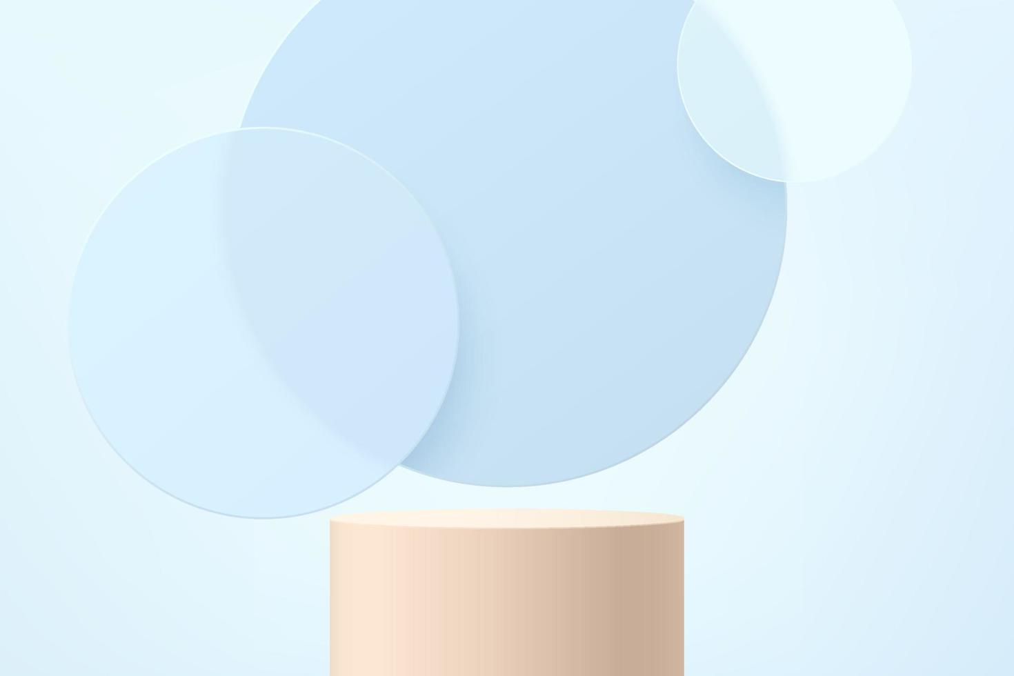 Abstract 3D beige cylinder pedestal or stand podium with blue circle glass overlap layers backdrop. light blue minimal wall scene for product display presentation. Vector geometric rendering platform.