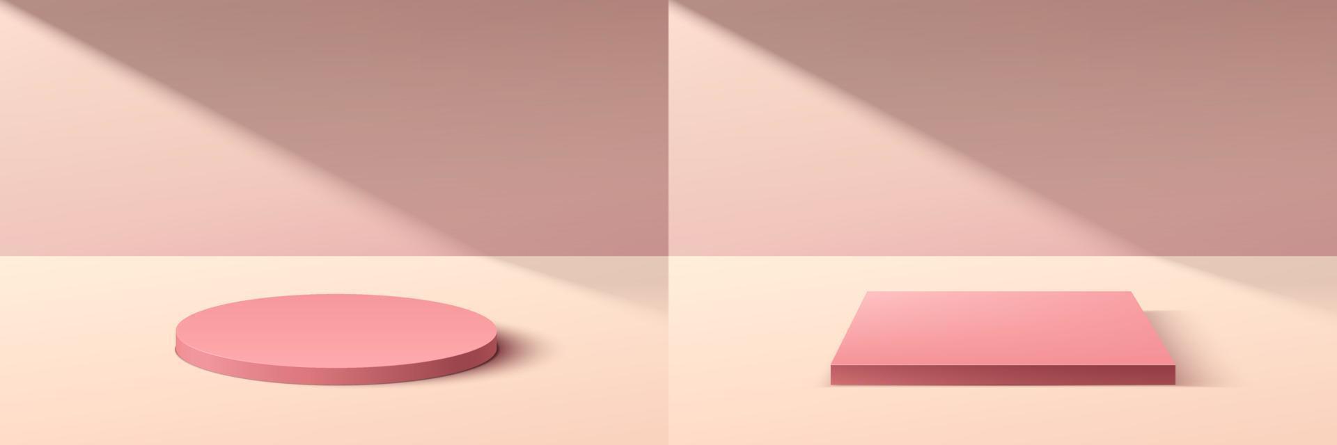 Set of abstract 3D pink cylinder and cube pedestal podium with pastel pink minimal wall scene in shadow. Collection of vector rendering geometric platform for cosmetic product display presentation.