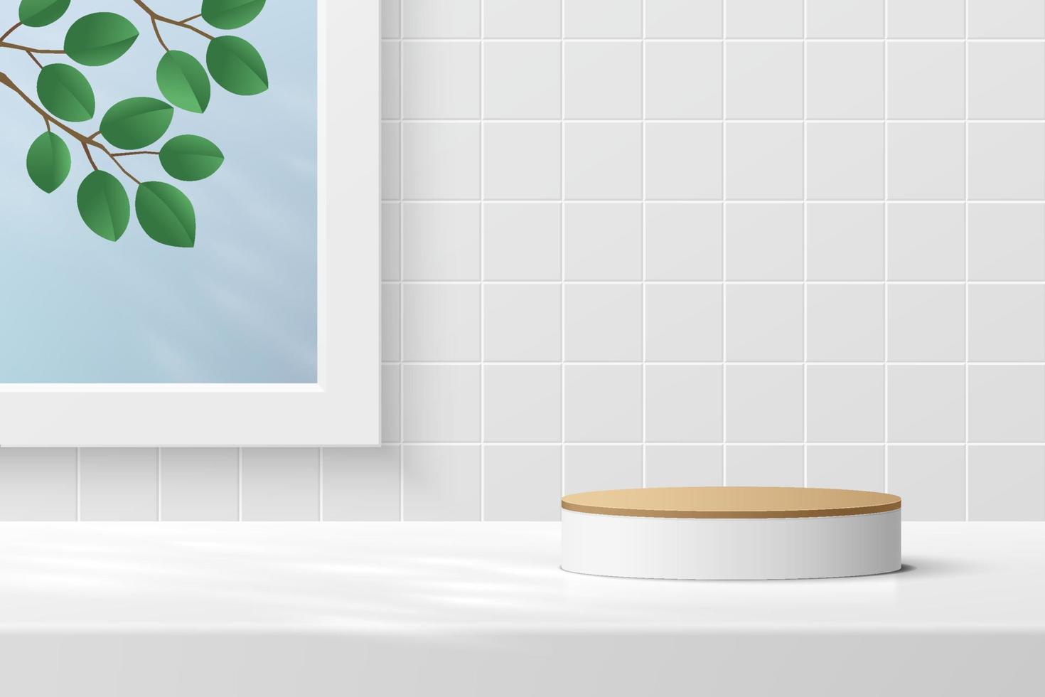 Abstract 3D white cylinder pedestal podium with green leaf in square window on white tile pattern minimal wall scene. Vector geometric rendering platform for product display presentation.