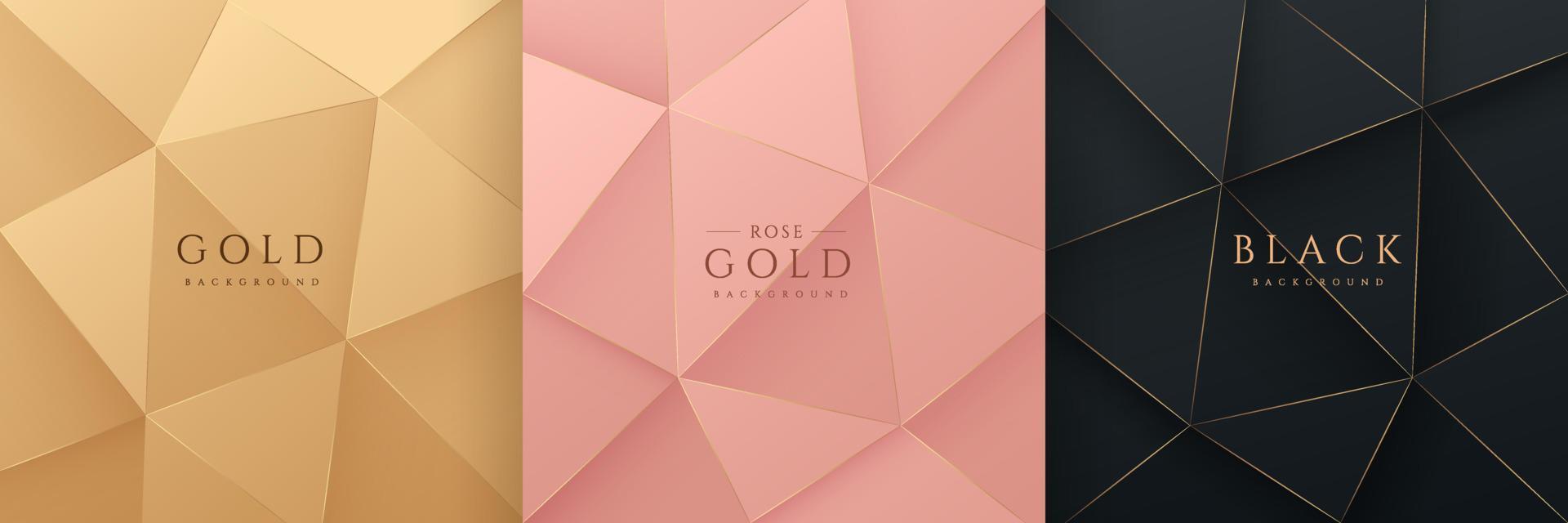 Set of abstract 3D luxury gradient golden, Pink gold and Black low polygonal modern design. Geometric triangle pattern collection. Can use for cover, poster, banner web, flyer, Print ad. Vector EPS10