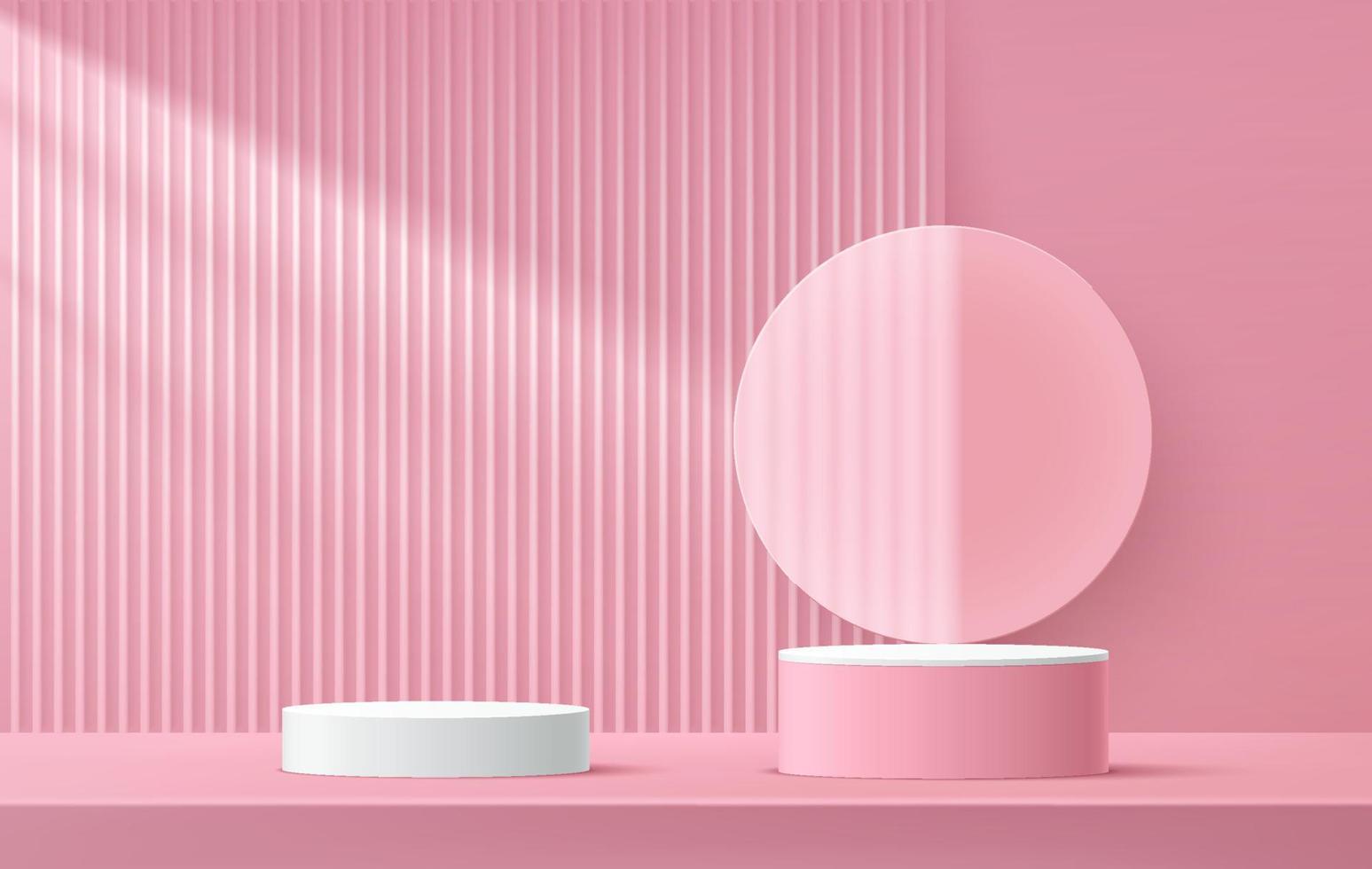 podio de pedestal de cilindro blanco y rosa, escena de pared rosa con fondo de círculo de vidrio transparente. textura de línea vertical. representación vectorial de forma 3d, presentación de exhibición de productos. diseño de la habitación abstracta. vector