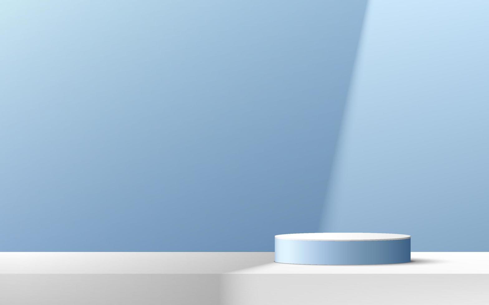 Abstract white and light blue cylinder platform podium. Window lighting. Pastel minimal wall scene. Vector rendering 3d shape for Product display presentation. Geometric pedestal with shadow.