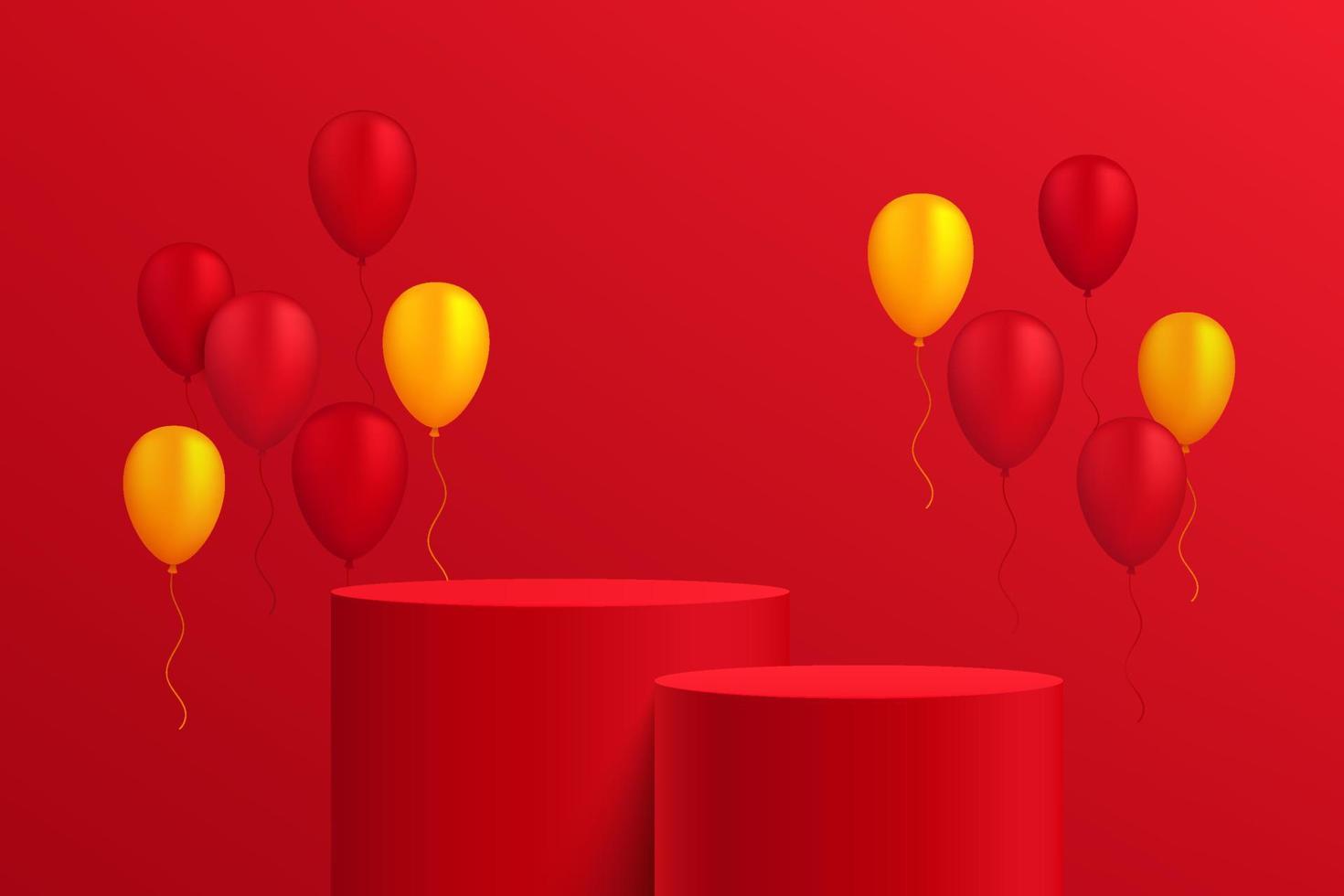 Abstract 3D red cylinder pedestal or stand podium with red and yellow balloons. Dark red minimal wall scene for cosmetics product display presentation. Vector rendering geometric platform design.