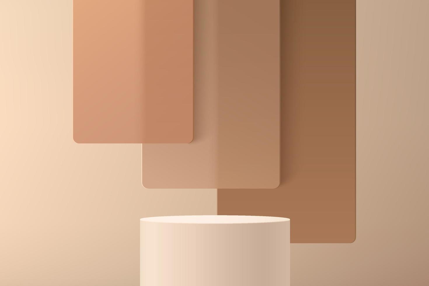 Abstract 3D beige cylinder pedestal or stand podium with brown square glass overlap layers backdrop. Brown minimal wall scene for product display presentation. Vector geometric rendering platform.