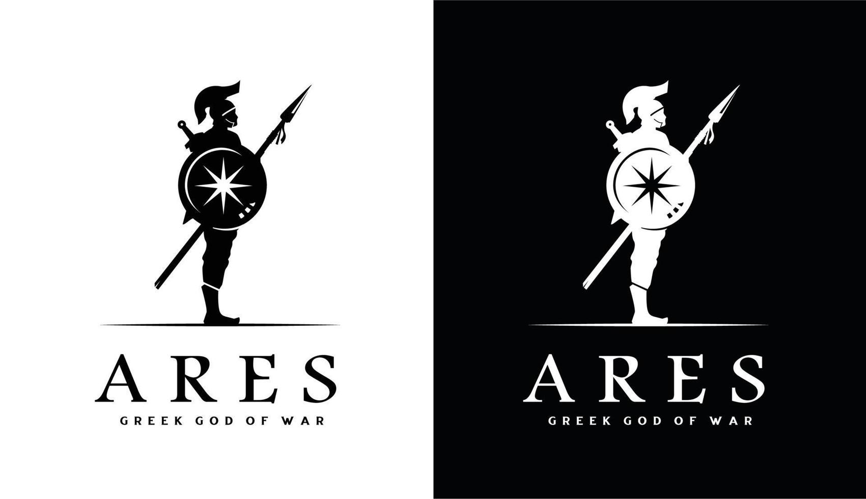 Silhouette of Ares god of war with Shield and Spear, Mighty Greek warrior Logo Design vector