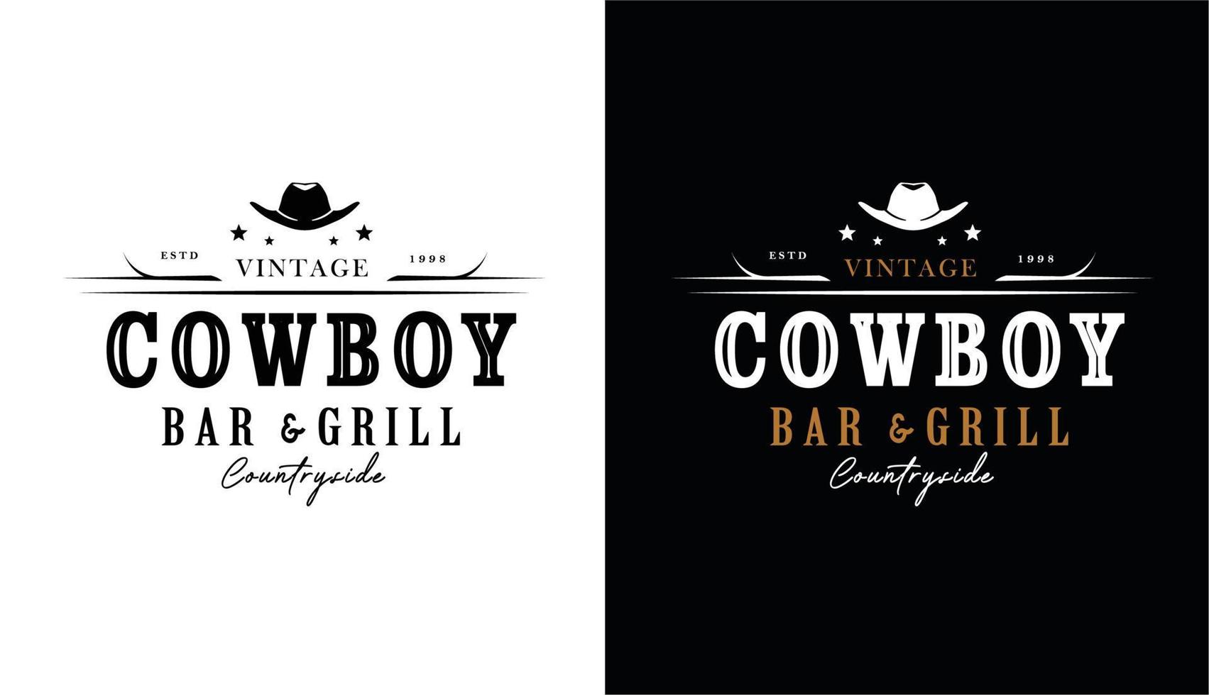 Cowboy hat silhouette with star for western rustic retro bar and grill logo design vector
