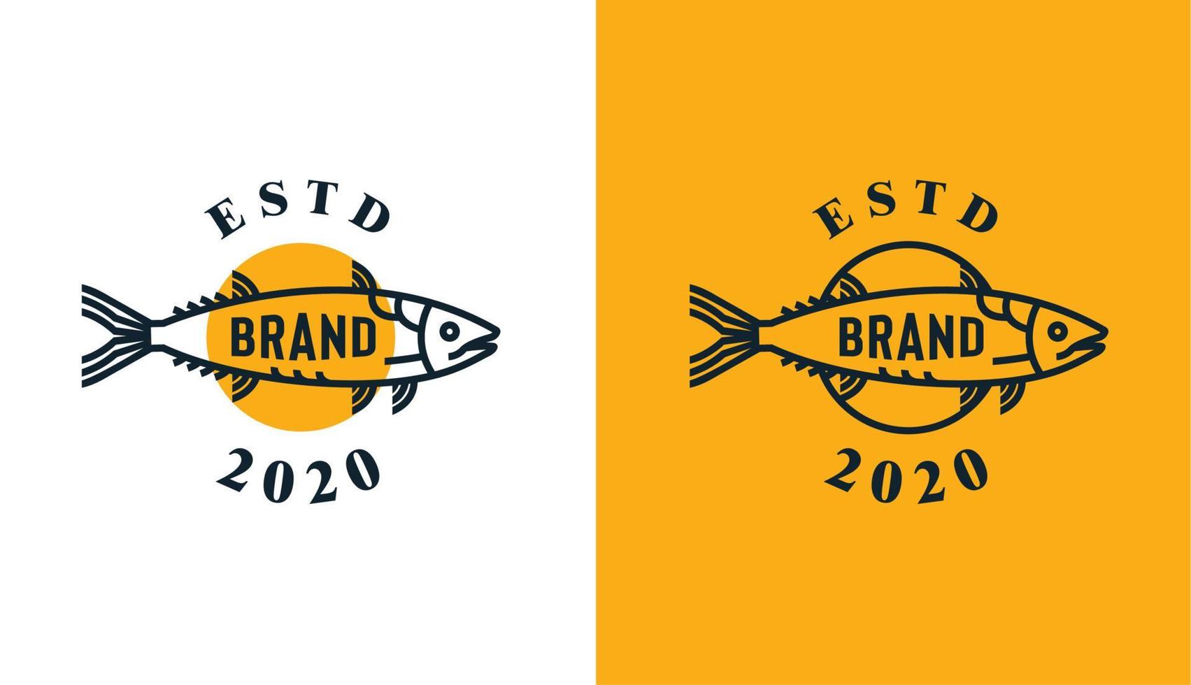 salmón con círculo amarillo, logotipo minimalista de peces marinos, etiqueta de comida instantánea o empresa pesquera vector