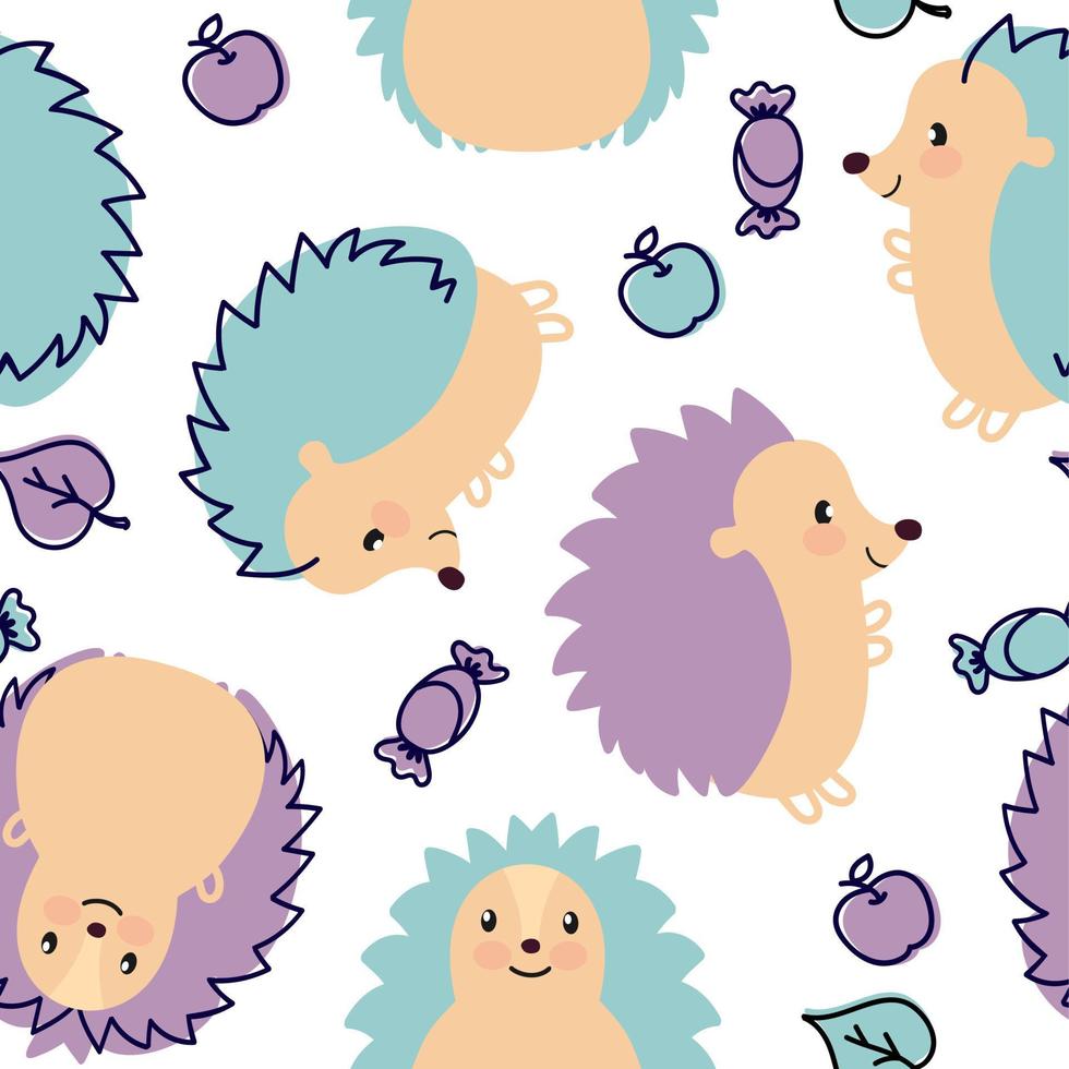 Hedgehog pattern cheerful on a white background For use in printing on fabric postcards, posters. Vector illustration