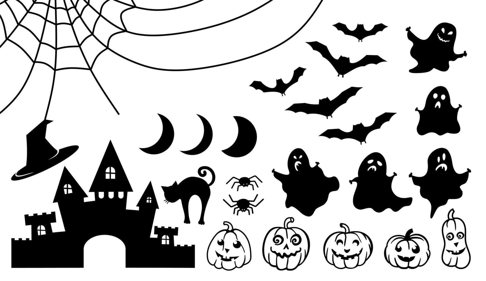 Halloween is a set of different objects and symbols in black on a white isolated background. vector illustration.