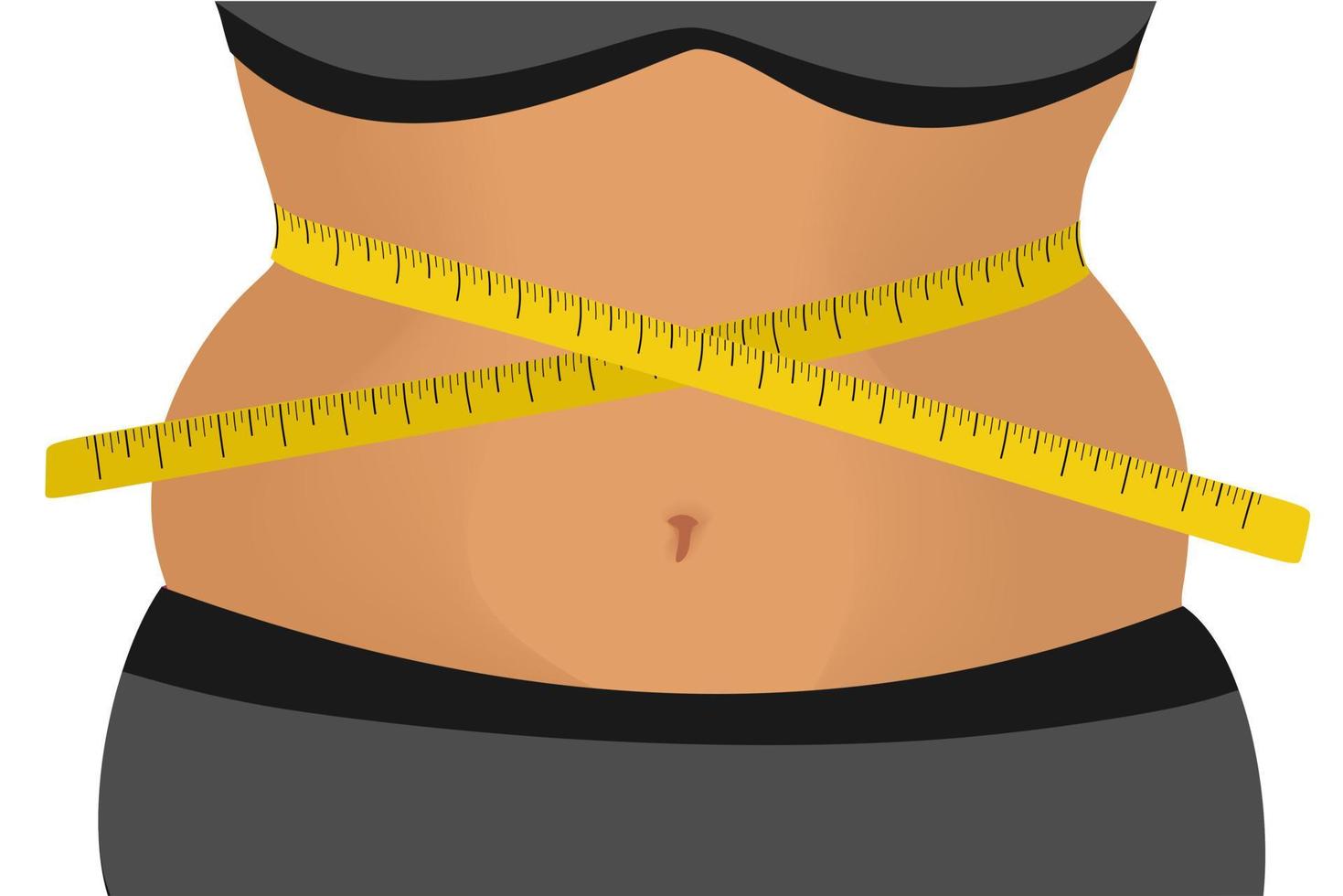 Centimeter ribbon at the waist. The concept of excess weight, diet and weight loss. Body positive. vector