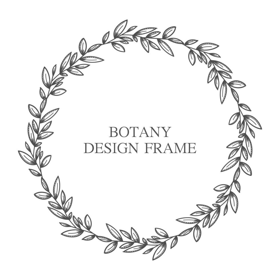 Geometric flower wreath with leaves and branches. Botany round frame isolated on white background. For wedding invitations, postcards, posters, labels of cosmetics and perfumes. vector