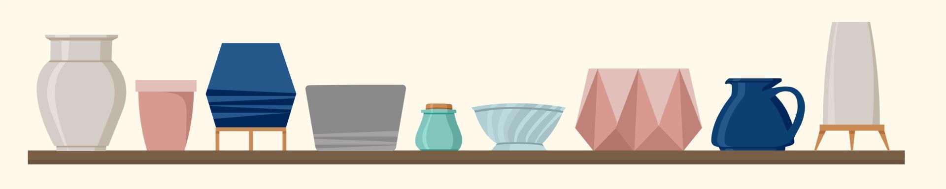 Ceramic tableware on the shelf set. Vector illustration