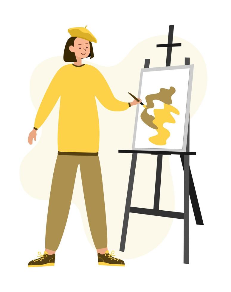 An artist in a beret with a brush at an easel. Creativity and art. Vector illustration.