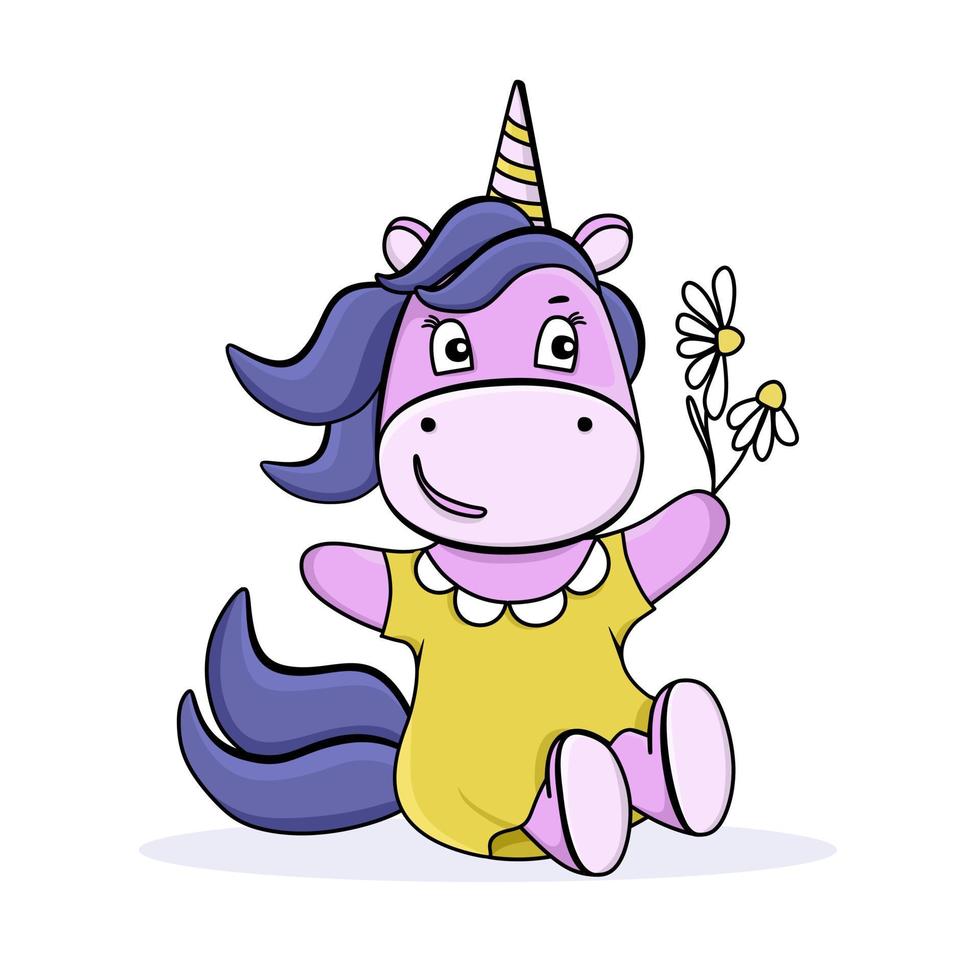 unicornio divertido con flores de manzanilla. lindo personaje de dibujos animados. para postales, carteles, ilustraciones de libros. ilustración vectorial en un estilo plano. vector