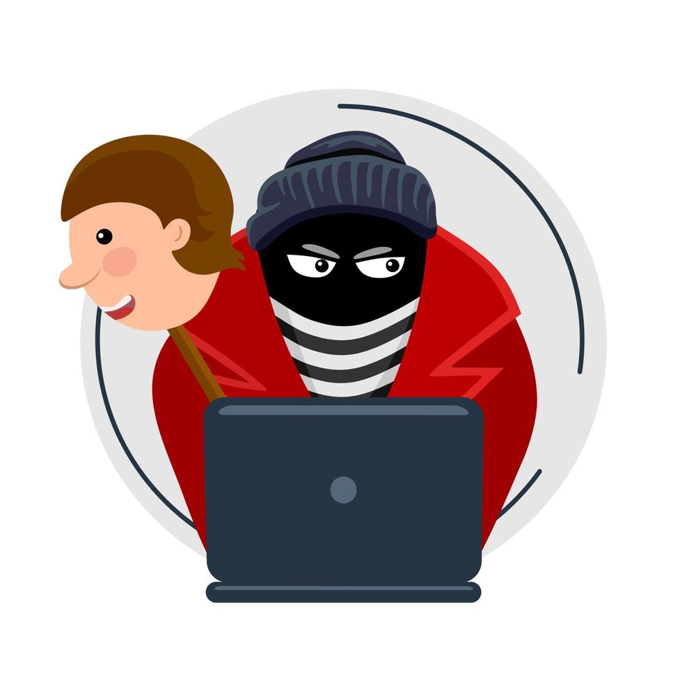 Online fraud. A criminal, a robber in a black mask steal personal information from a computer. The concept of internet activity or security hacking. Cartoon vector illustration.