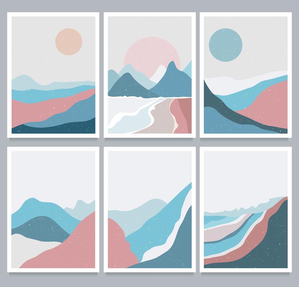 gran conjunto de carteles abstractos de paisaje invernal de montaña. fondo de paisaje geométrico con montaña, ola, colina, sol. ilustración vectorial vector