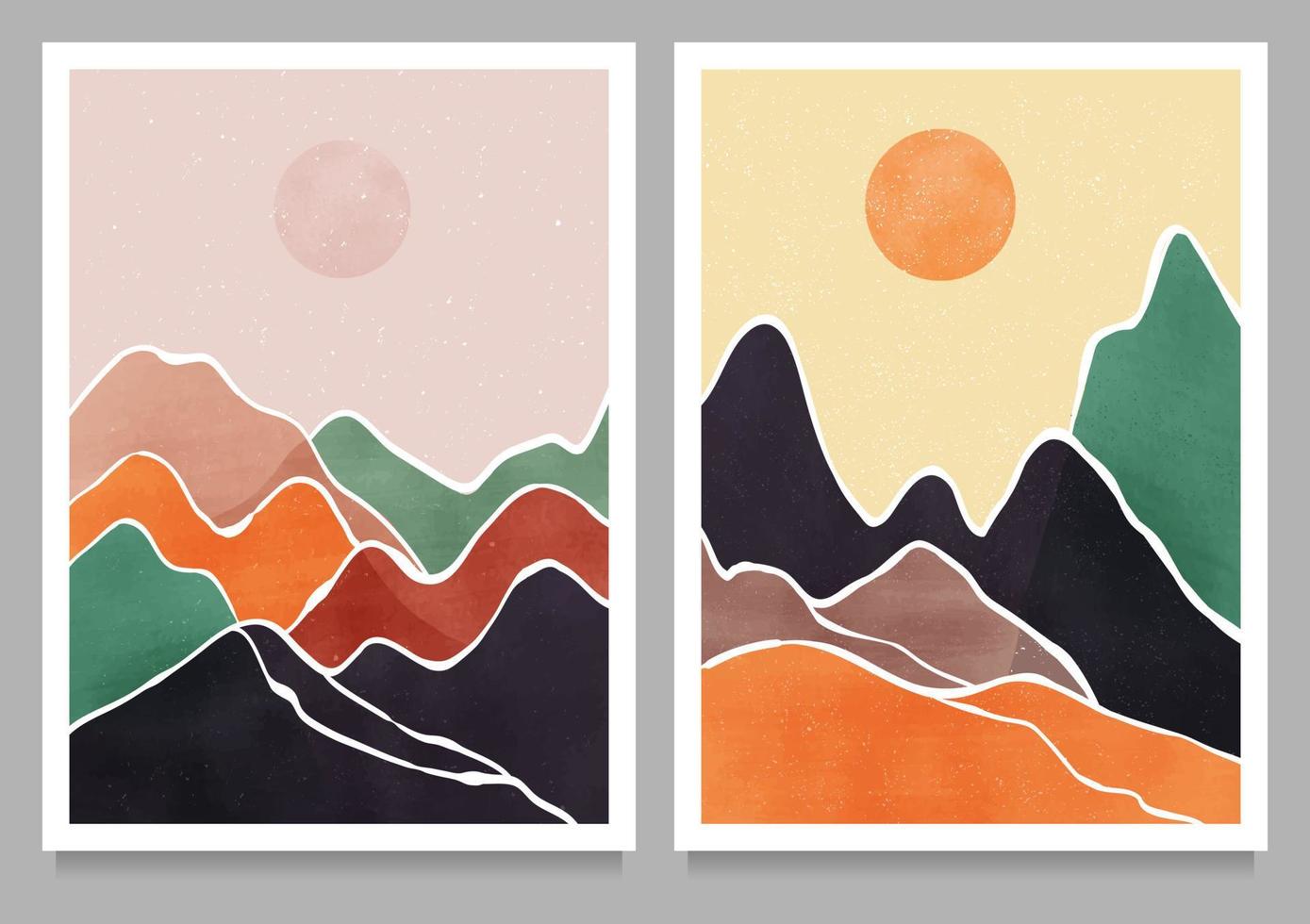 Abstract mountain landscape poster. Geometric landscape background with mountain, wave,moon, sun. vector illustration