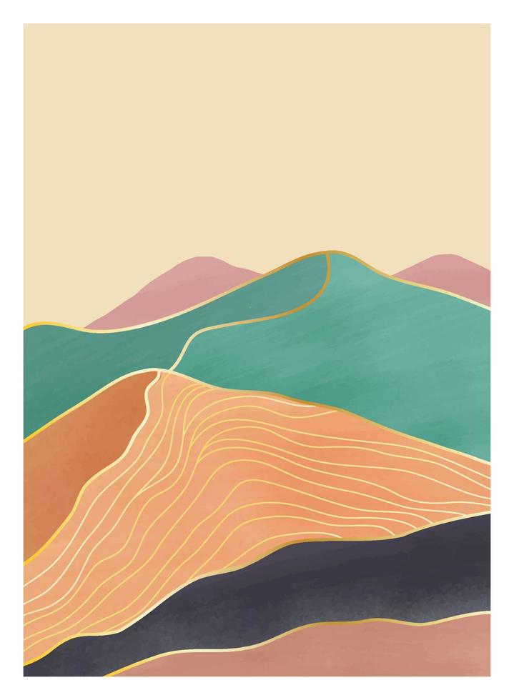 Mid century modern minimalist art print. Abstract contemporary aesthetic backgrounds landscapes set with mountain, Sun, Moon, sea, forest. vector illustrations