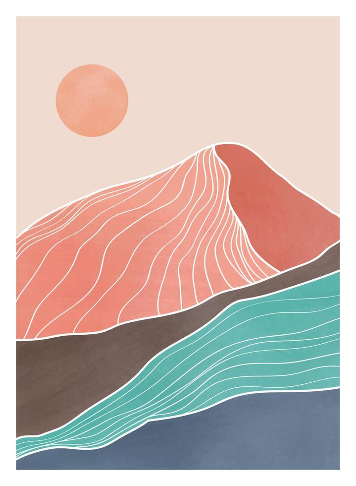 Mid century modern minimalist art print. Abstract contemporary aesthetic backgrounds landscapes set with mountain, Sun, Moon, sea, forest. vector illustrations