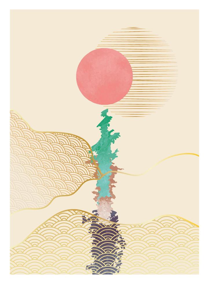 Abstract mountain landscape. creative minimalist hand painted illustrations of Mid century modern. Vector Geometric landscape background in asian japanese pattern