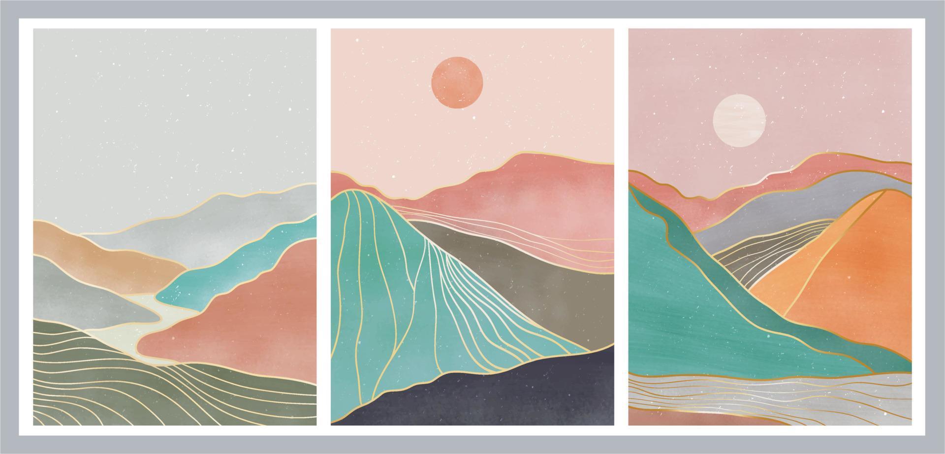 conjunto de montaña abstracta natural. impresión de arte minimalista moderno de mediados de siglo. paisaje de fondos estéticos contemporáneos abstractos. ilustraciones vectoriales vector