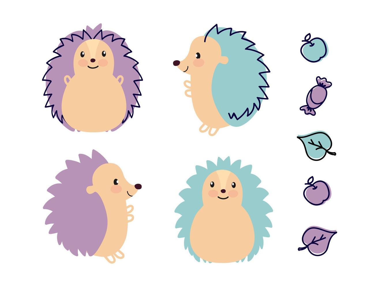 The hedgehog set is cheerful on a white background with an apple, a leaf and mushrooms. For use in printing on fabric postcards, posters. Vector illustration