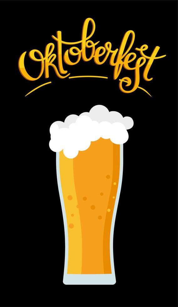 Oktoberfest banner. Handwritten inscription with the image of a beer mug with foam, pretzel and grilled sausage. vector