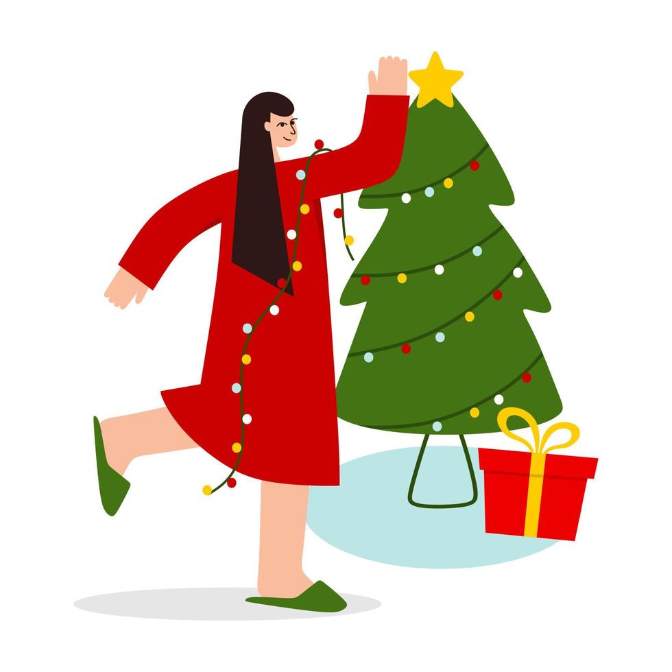 A girl dresses up a Christmas tree. The concept of Christmas and New year. Vector illustration.