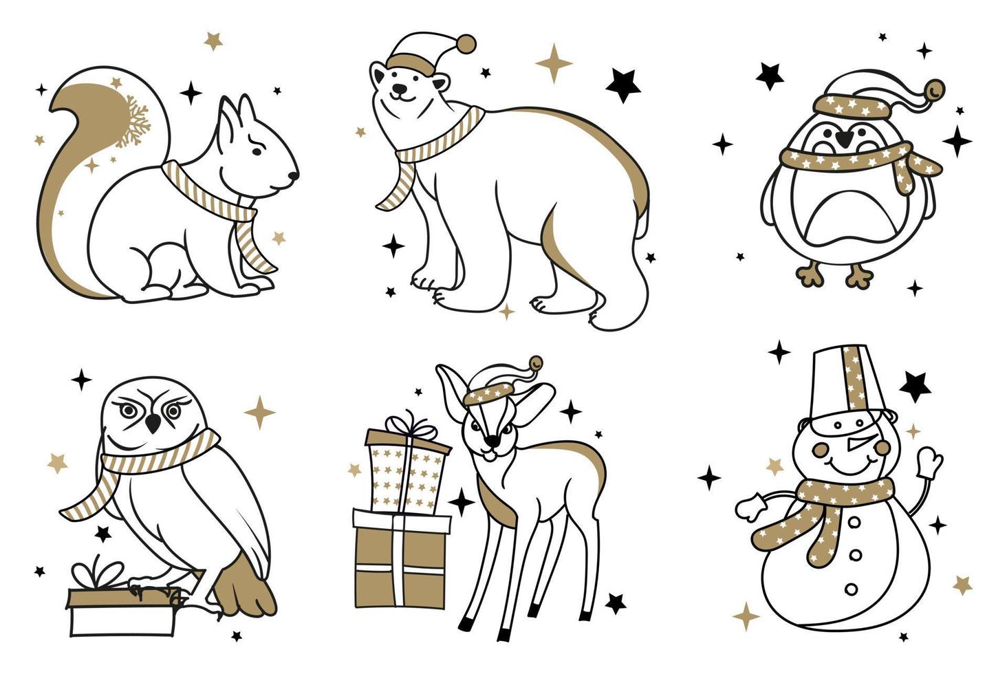 conjunto de personajes navideños. oso, ardilla, búho, venado, pingüino, muñeco de nieve. de moda en color negro y dorado. vector