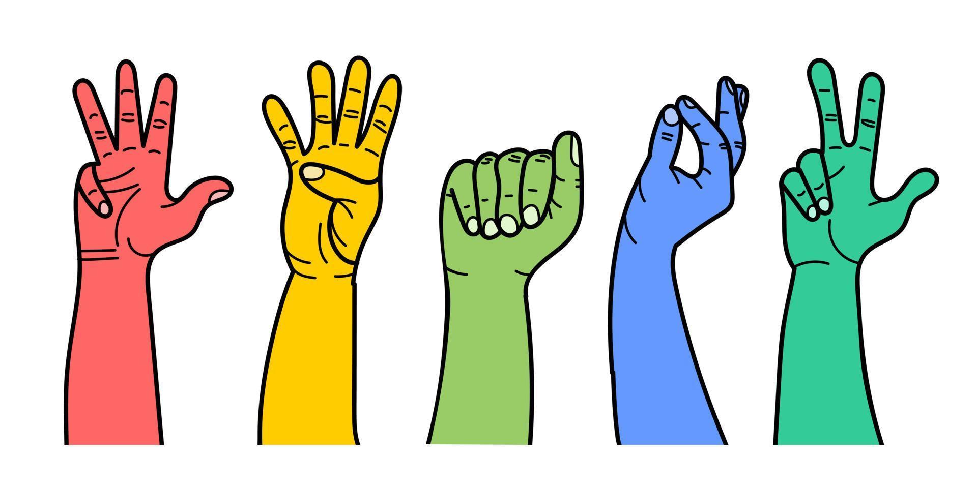 Hands with different gestures and different colors of the net. For use on textiles, packaging paper, souvenirs, printing, posters, postcards. vector