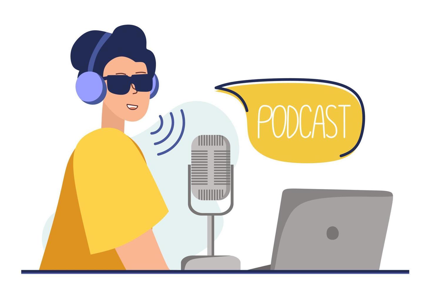 Podcast concept. An illustration about the podcast. A girl talking into a microphone and sitting at a table. Flat vector in a fashionable style.
