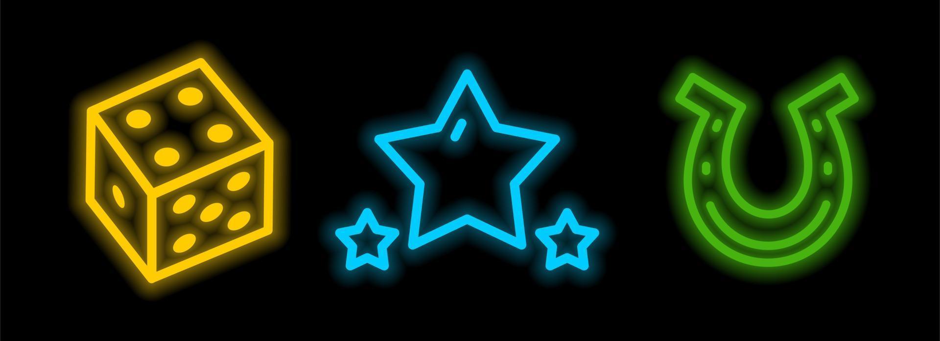 Neon casino icons. A horseshoe with dice. Neon-style templates. Vector illustration in doodle