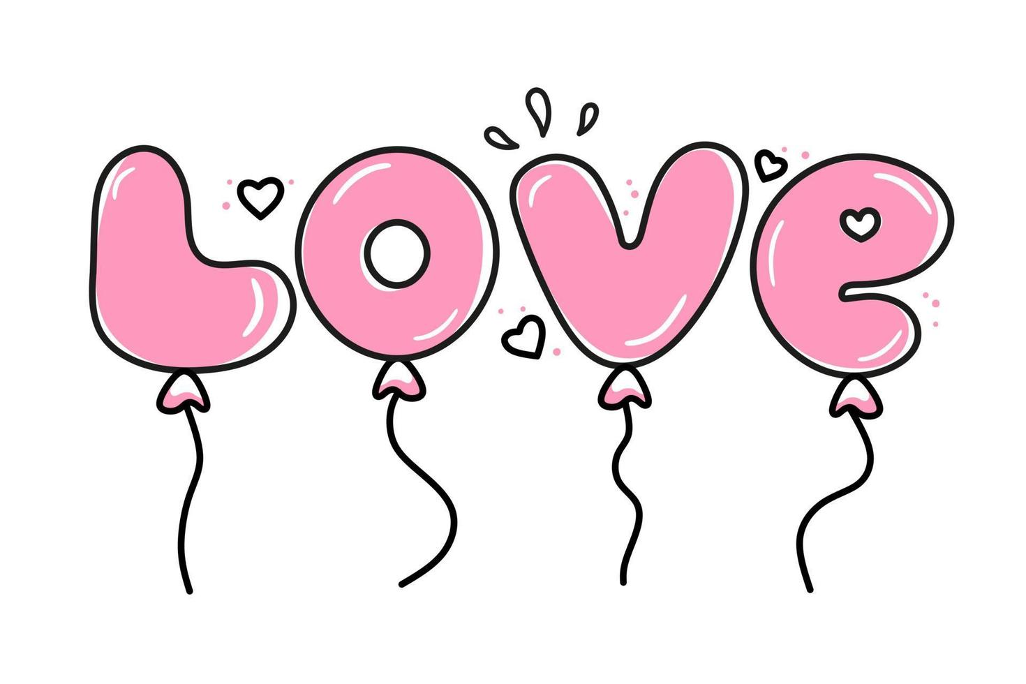 Vector element lettering from the balls of the word love on Valentines Day. Hand-drawn love symbols in a linear style. Isolated on a white background.