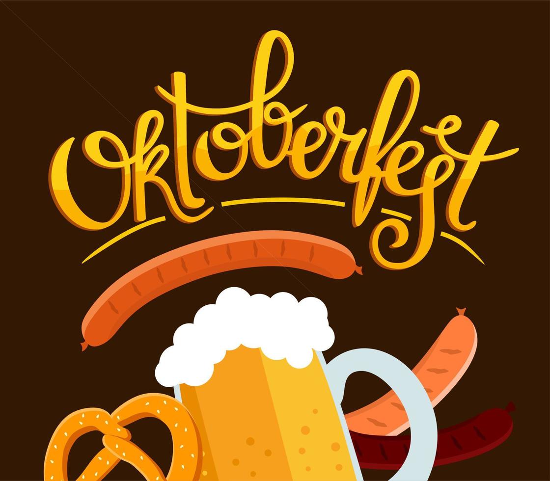 Oktoberfest banner. Handwritten inscription with the image of a beer mug with foam, pretzel and grilled sausage. vector