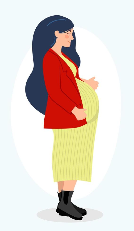 Pregnancy. A modern poster with a fashionable pregnant woman in a stylish lemon dress and a red jacket. vector