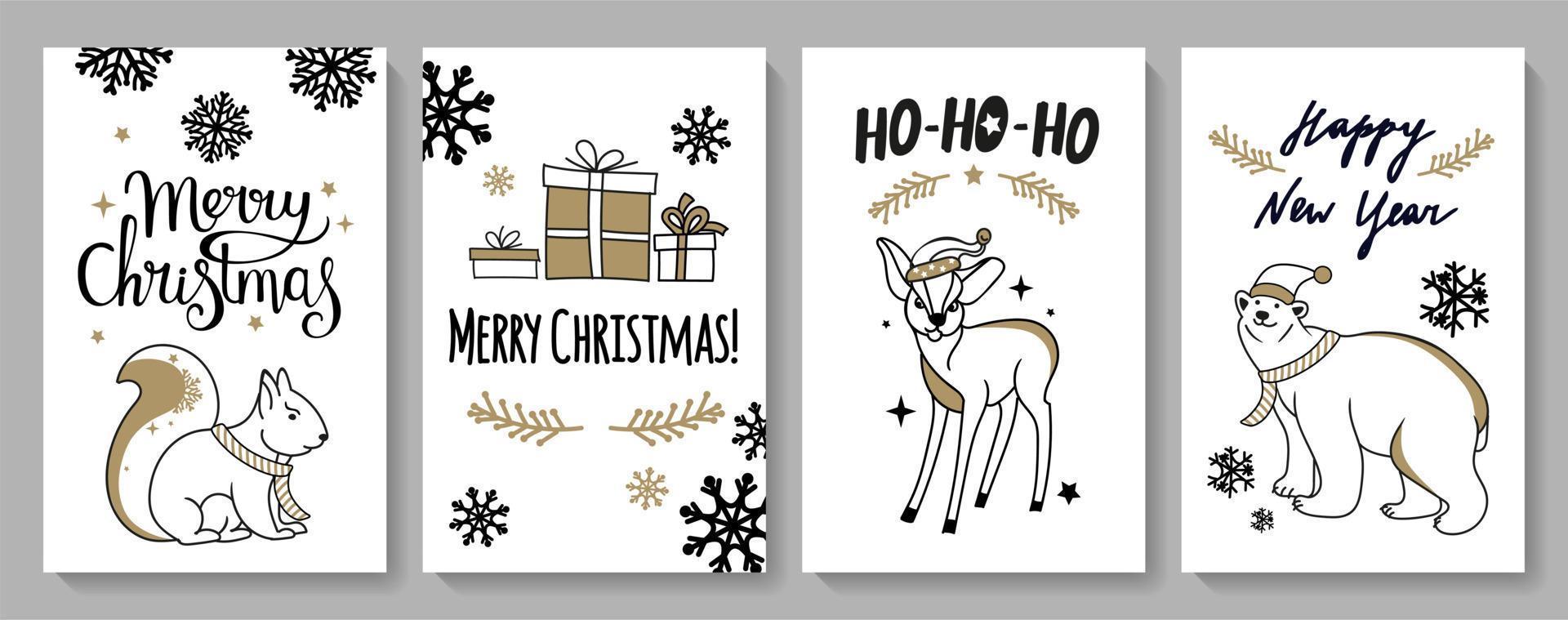 tarjetas navideñas con personajes. en un estilo moderno y color negro y dorado. para tarjetas, pegatinas, adhesivos, estampados para textiles y souvenirs. ilustración vectorial vector